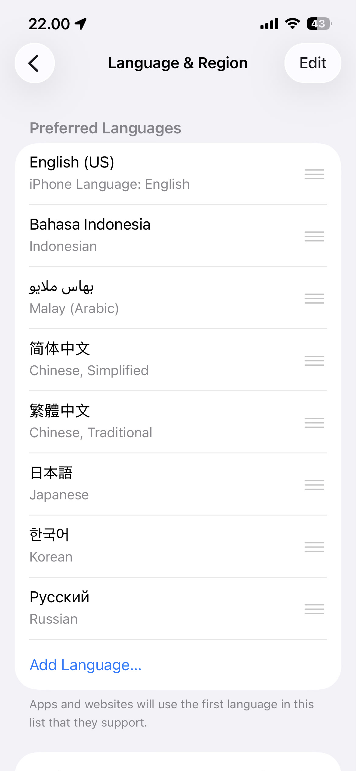 Bahasa Inggris diatur sebagai bahasa tampilan iPhone ini