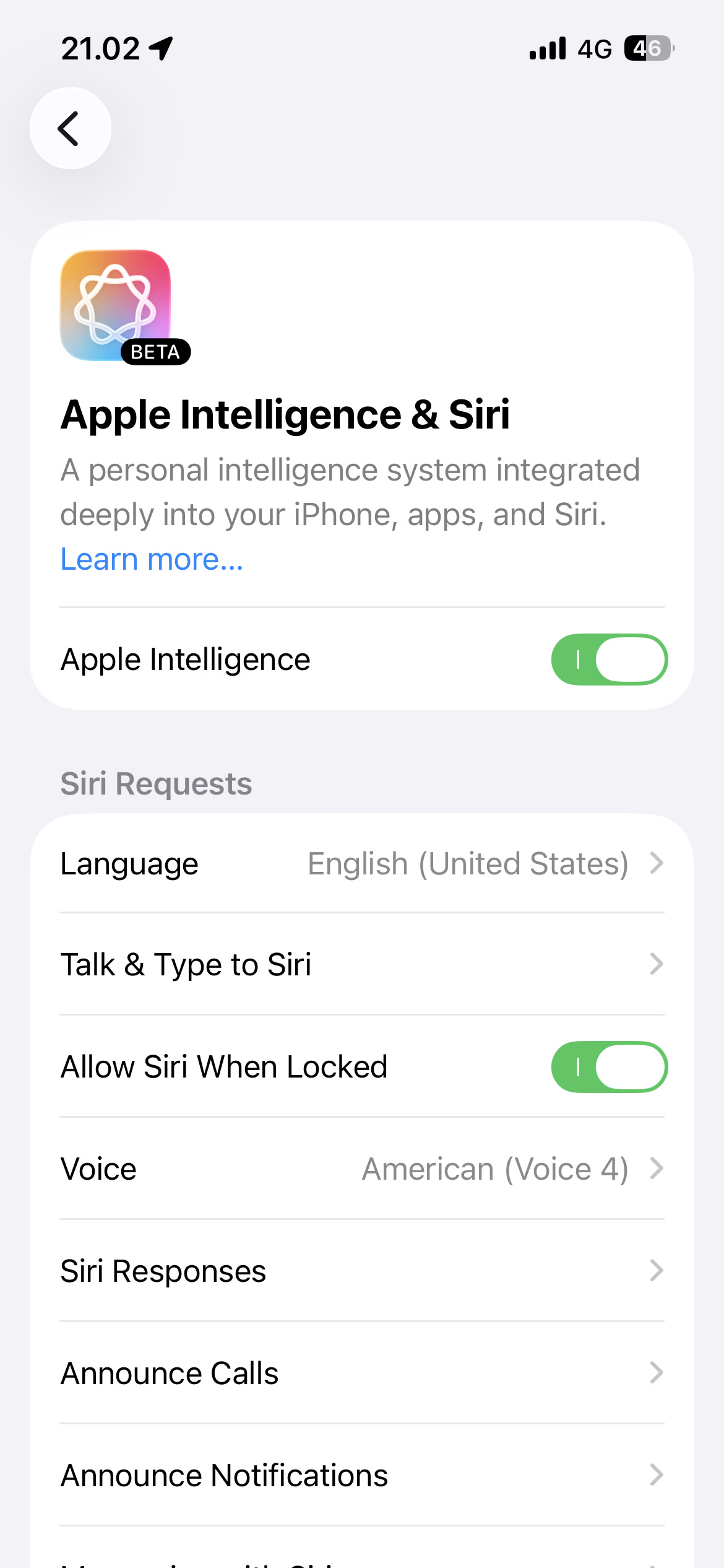 Apple Intelligence & Siri yang diaktifkan