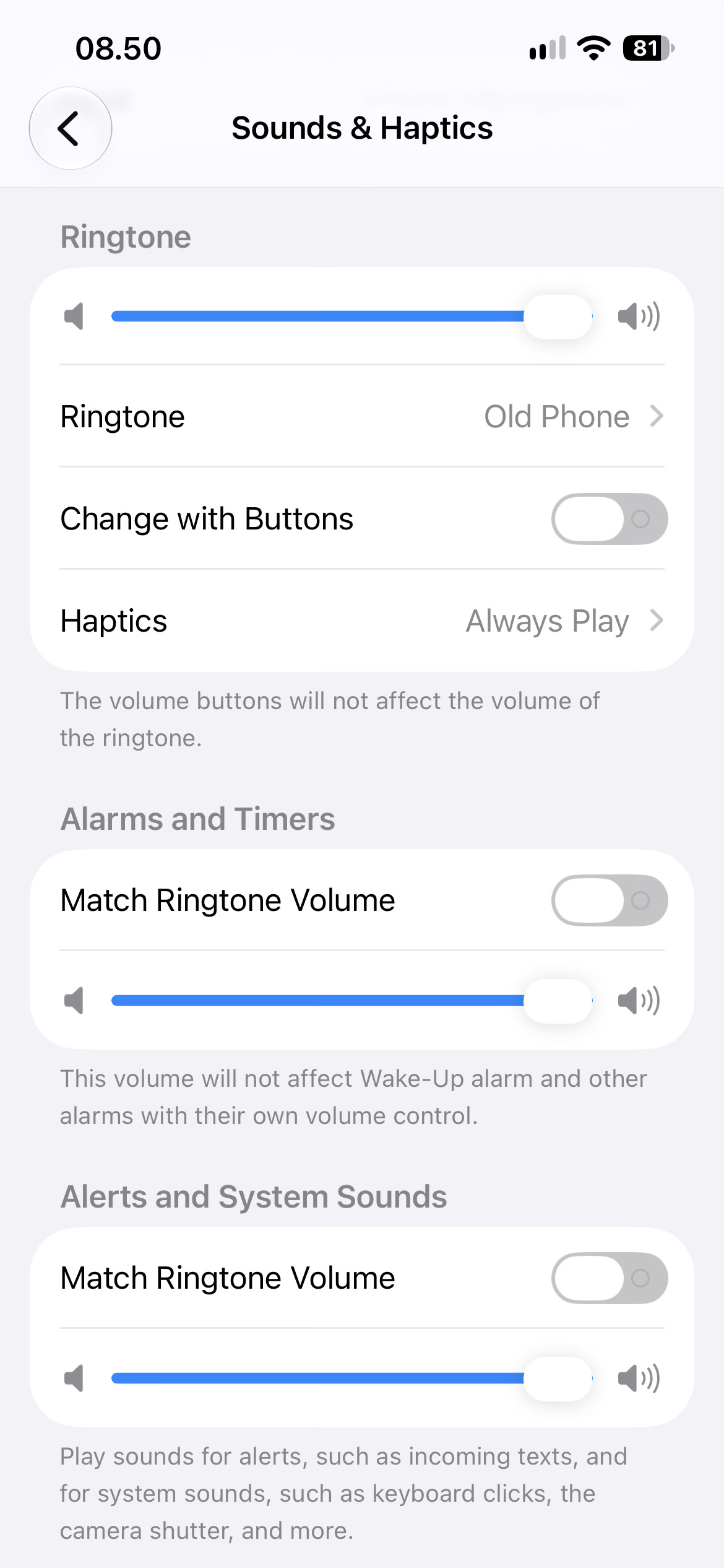 Volume nada dering, alarm, dan sistem yang tingkatannya terpisah